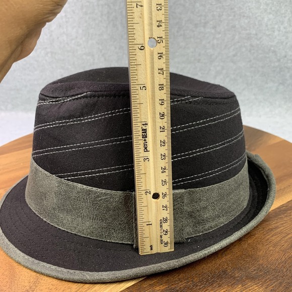 Fedora Hat Cotton Trilby Fitted Men L/XL Black Gray Pinstripe Faux Leather Band - Picture 8 of 13